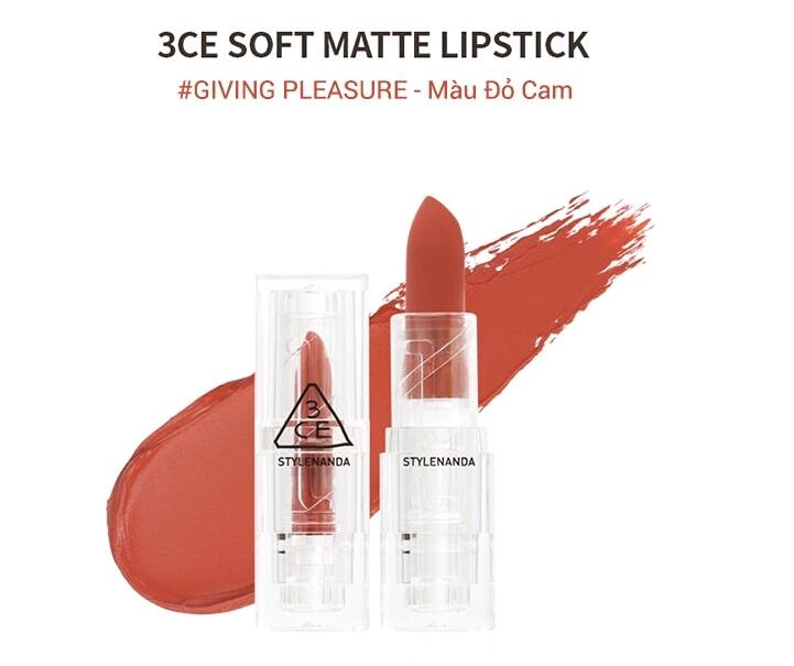 3CE Soft Matte Lipstick #Giving Pleasure-màu đỏ cam